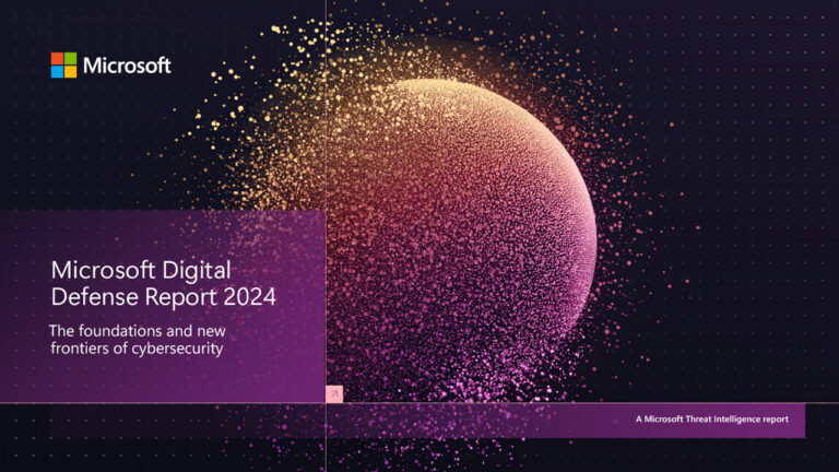 Cover page of the ‘Microsoft Digital Defense Report 2024’ featuring a spherical object made of small particles in pink, purple, and yellow against a dark background with grid lines. The text reads: ‘Microsoft Digital Defense Report 2024: The foundations and new frontiers of cybersecurity.’ Additional text at the bottom right says, ‘A Microsoft Threat Intelligence report.’ The Microsoft logo is in the top left corner.